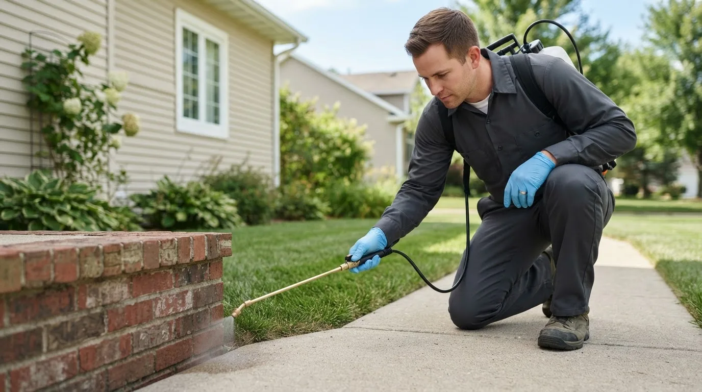 Pest control technician treating a home near Kennard, IN