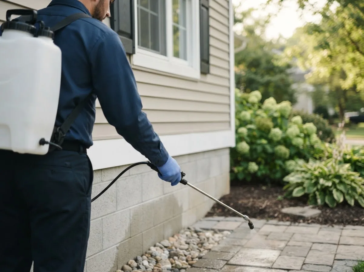 Pest control technician inspecting a home in Kennard, IN
